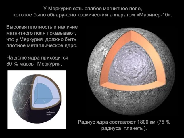 У Меркурия есть слабое магнитное поле, которое было обнаружено космическим аппаратом «Маринер-10».