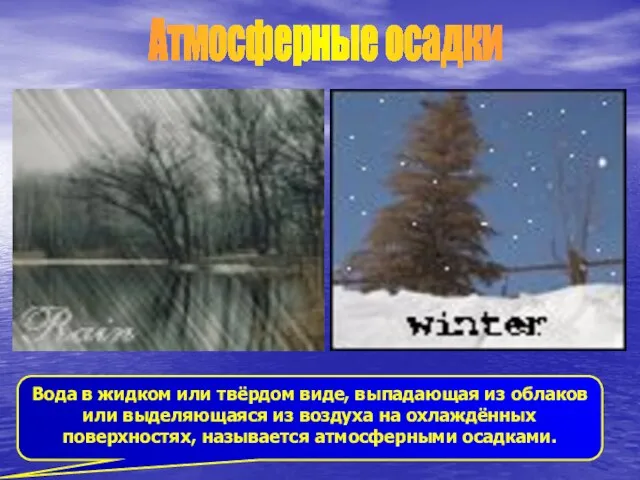 Атмосферные осадки Вода в жидком или твёрдом виде, выпадающая из облаков или