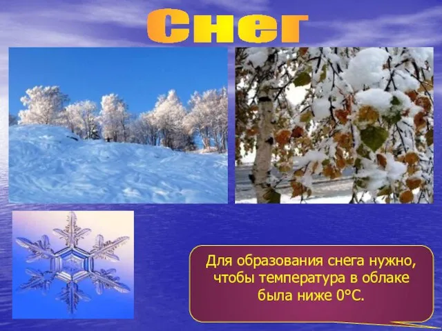 Снег Для образования снега нужно, чтобы температура в облаке была ниже 0°С.