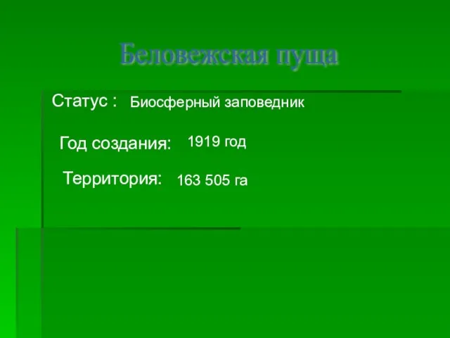 Беловежская пуща Статус : Биосферный заповедник Год создания: 1919 год Территория: 163 505 га
