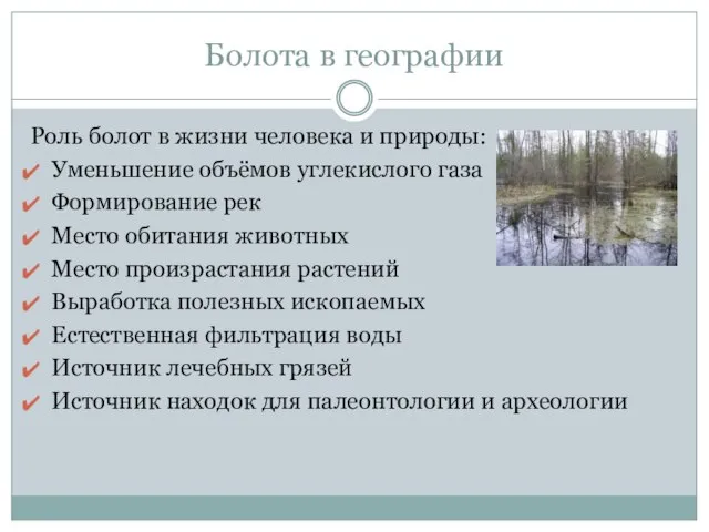 Болота в географии Роль болот в жизни человека и природы: Уменьшение объёмов