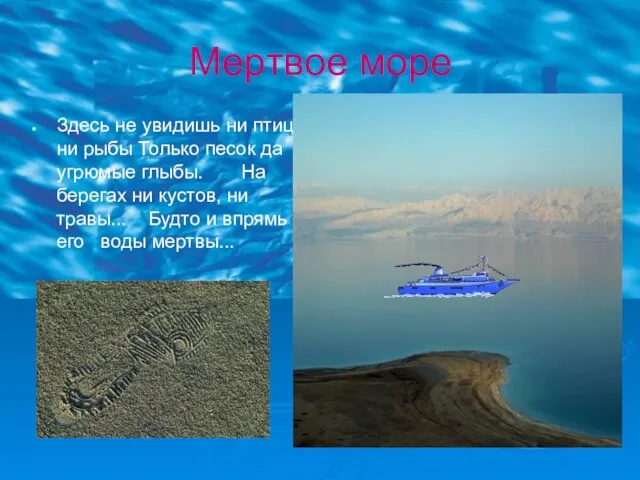Мертвое море Здесь не увидишь ни птицы, ни рыбы Только песок да