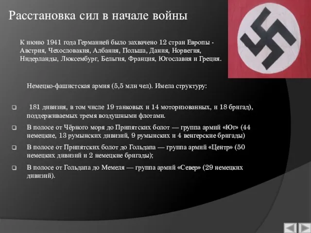 Расстановка сил в начале войны Немецко-фашистская армия (5,5 млн чел). Имела структуру: