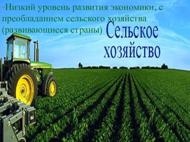 -Низкий уровень развития экономики, с преобладанием сельского хозяйства (развивающиеся страны)
