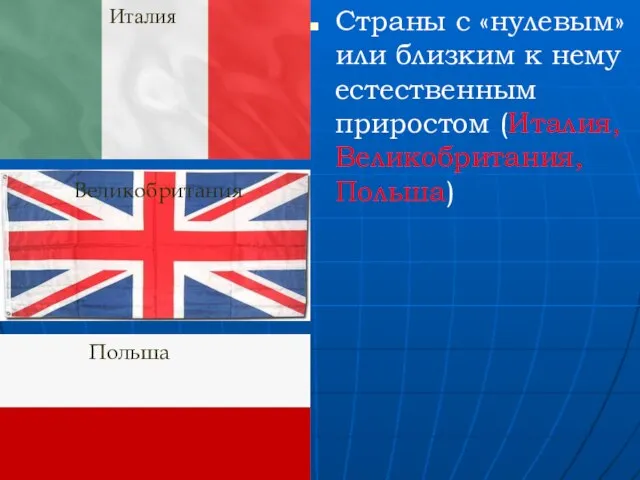 Страны с «нулевым» или близким к нему естественным приростом (Италия, Великобритания, Польша) Италия Великобритания Польша