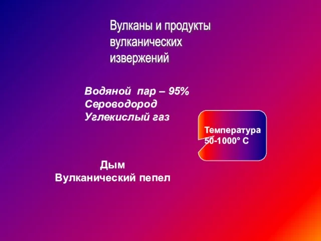 Вулканы и продукты вулканических извержений Водяной пар – 95% Сероводород Углекислый газ