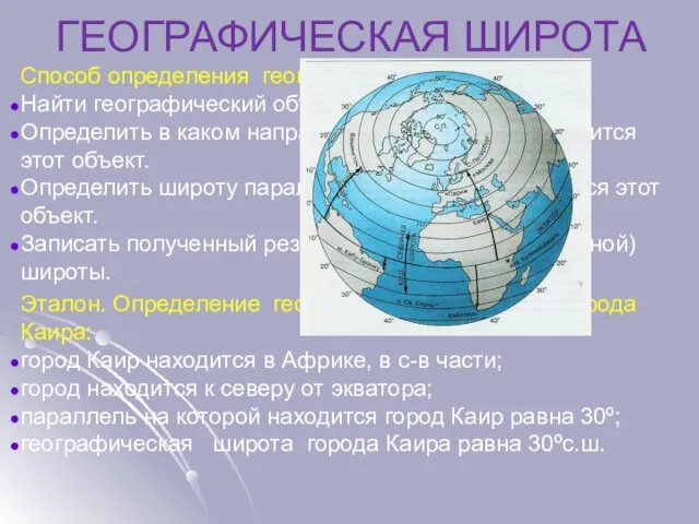 ГЕОГРАФИЧЕСКАЯ ШИРОТА Способ определения географической широты: Найти географический объект на карте. Определить