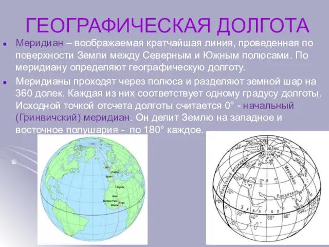ГЕОГРАФИЧЕСКАЯ ДОЛГОТА Меридиан ­­–­ воображаемая кратчайшая линия, проведенная по поверхности Земли между