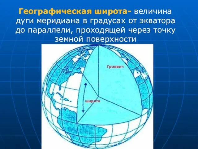 Географическая широта- величина дуги меридиана в градусах от экватора до параллели, проходящей через точку земной поверхности