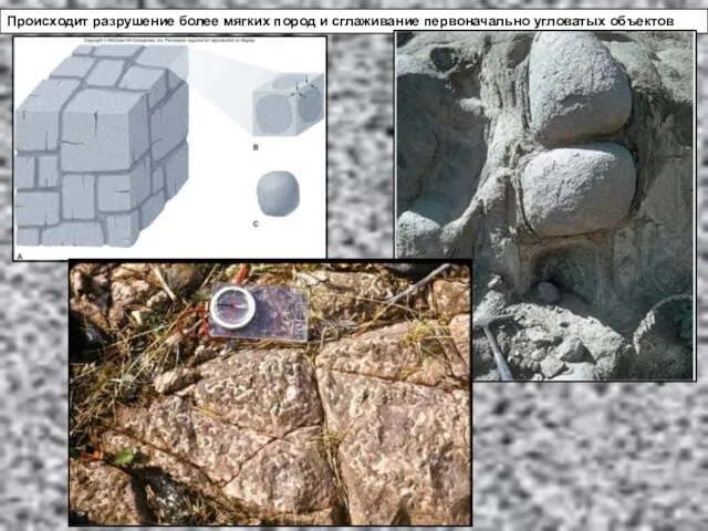 Происходит разрушение более мягких пород и сглаживание первоначально угловатых объектов