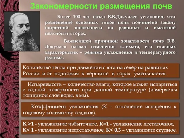 Закономерности размещения почв Более 100 лет назад В.В.Докучаев установил, что размещение основных