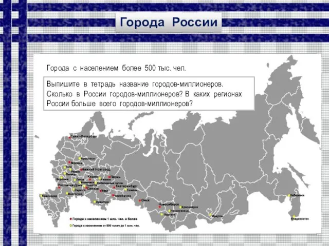 Города с населением более 500 тыс. чел. Города России Проанализируйте карту. Где