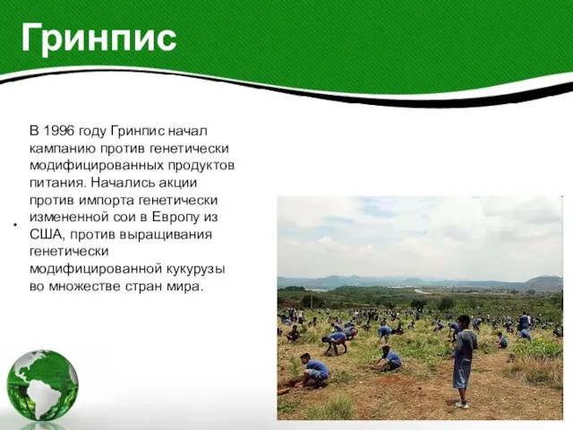 Гринпис . В 1996 году Гринпис начал кампанию против генетически модифицированных продуктов