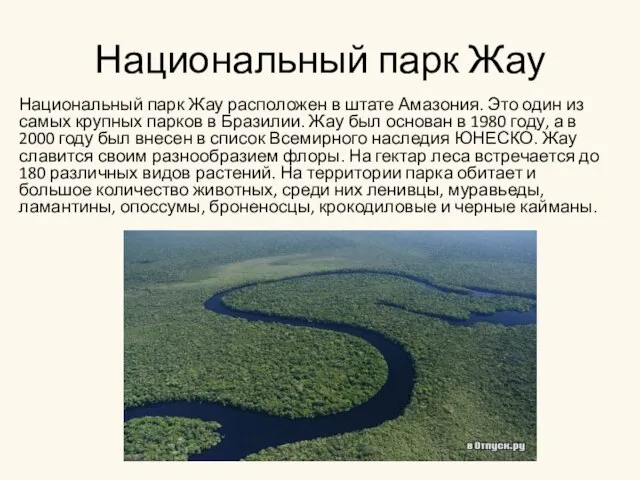 Национальный парк Жау Национальный парк Жау расположен в штате Амазония. Это один