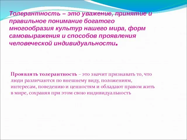 Толерантность – это уважение, принятие и правильное понимание богатого многообразия культур нашего