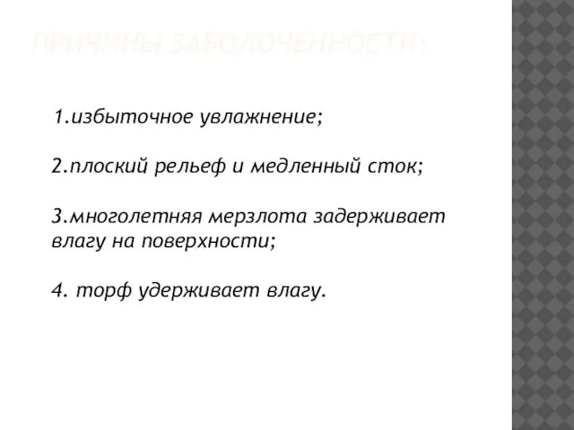 ПРИЧИНЫ ЗАБОЛОЧЕННОСТИ: 1.избыточное увлажнение; 2.плоский рельеф и медленный сток; 3.многолетняя мерзлота задерживает