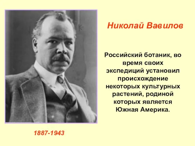 Российский ботаник, во время своих экспедиций установил происхождение некоторых культурных растений, родиной