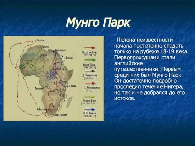 Мунго Парк Пелена неизвестности начала постепенно спадать только на рубеже 18-19 века.