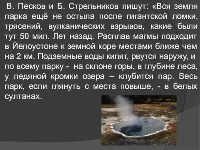 В. Песков и Б. Стрельников пишут: «Вся земля парка ещё не остыла