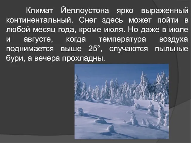 Климат Йеллоустона ярко выраженный континентальный. Снег здесь может пойти в любой месяц