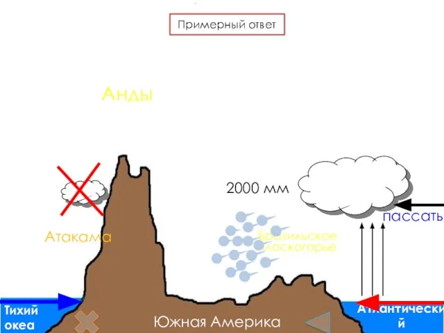 Анды Бразильское плоскогорье Тихий океан Атлантический океан пассаты Атакама 2000 мм Южная Америка Примерный ответ