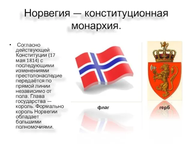 Норвегия — конституционная монархия. Согласно действующей Конституции (17 мая 1814) с последующими
