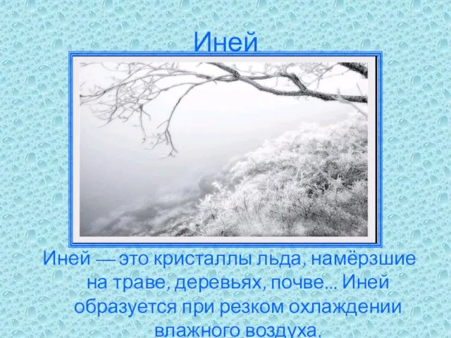 Иней Иней — это кристаллы льда, намёрзшие на траве, деревьях, почве... Иней