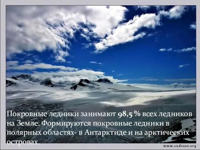 Покровные ледники занимают 98,5 % всех ледников на Земле. Формируются покровные ледники