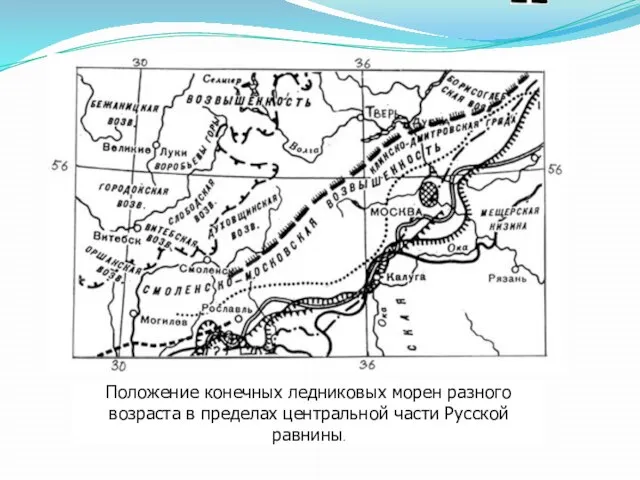 Положение конечных ледниковых морен разного возраста в пределах центральной части Русской равнины.