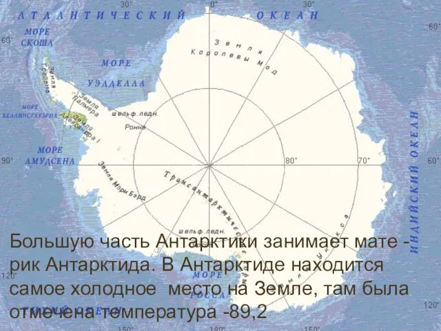 Большую часть Антарктики занимает мате - рик Антарктида. В Антарктиде находится самое
