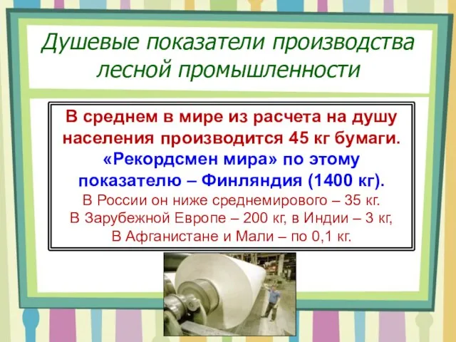 Душевые показатели производства лесной промышленности В среднем в мире из расчета на