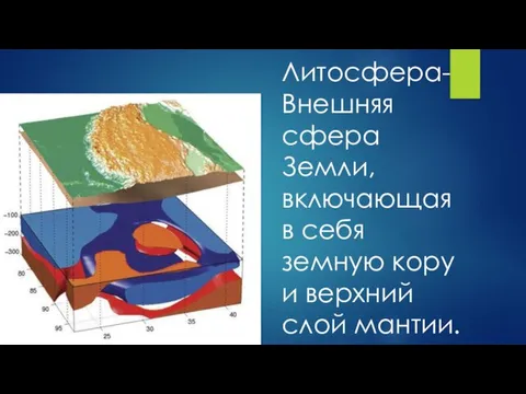 Литосфера-Внешняя сфера Земли, включающая в себя земную кору и верхний слой мантии.