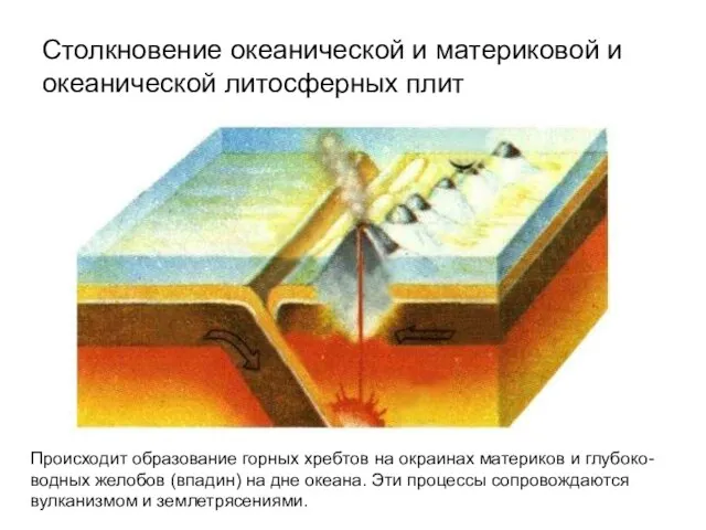 Столкновение океанической и материковой и океанической литосферных плит Происходит образование горных хребтов