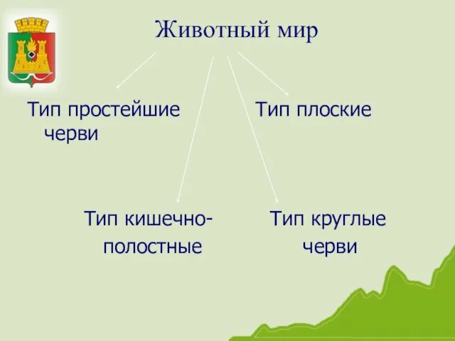 Животный мир Тип простейшие Тип плоские черви Тип кишечно- Тип круглые полостные черви