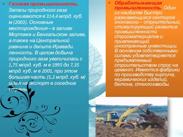 Газовая промышленность. Запасы природного газа оцениваются в 314,4 млрд. куб. м (2003).