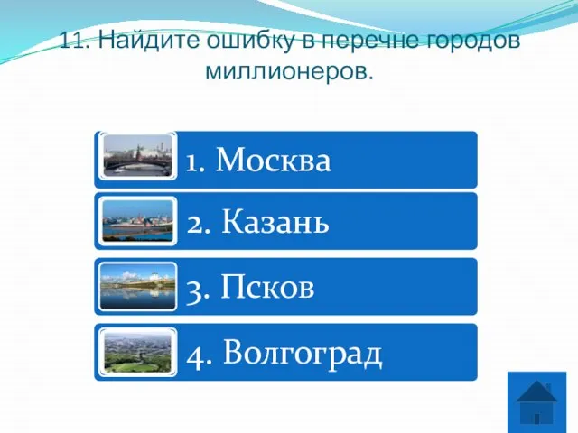 11. Найдите ошибку в перечне городов миллионеров.