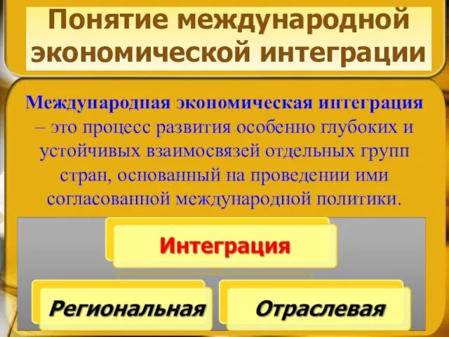 Понятие международной экономической интеграции Международная экономическая интеграция – это процесс развития особенно