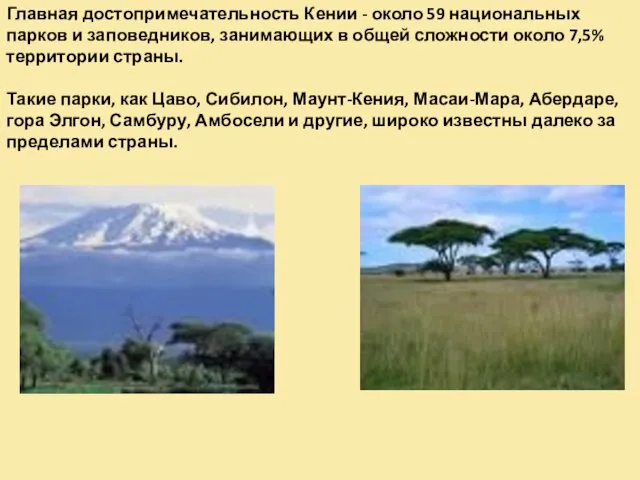 Главная достопримечательность Кении - около 59 национальных парков и заповедников, занимающих в