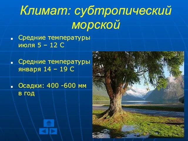 Климат: субтропический морской Средние температуры июля 5 – 12 С Средние температуры