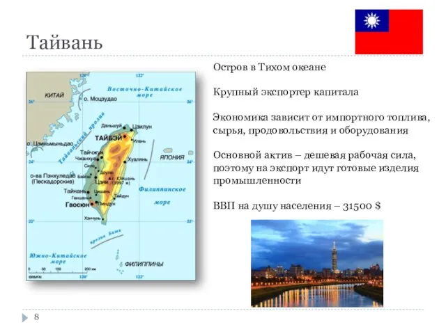 Тайвань Остров в Тихом океане Крупный экспортер капитала Экономика зависит от импортного