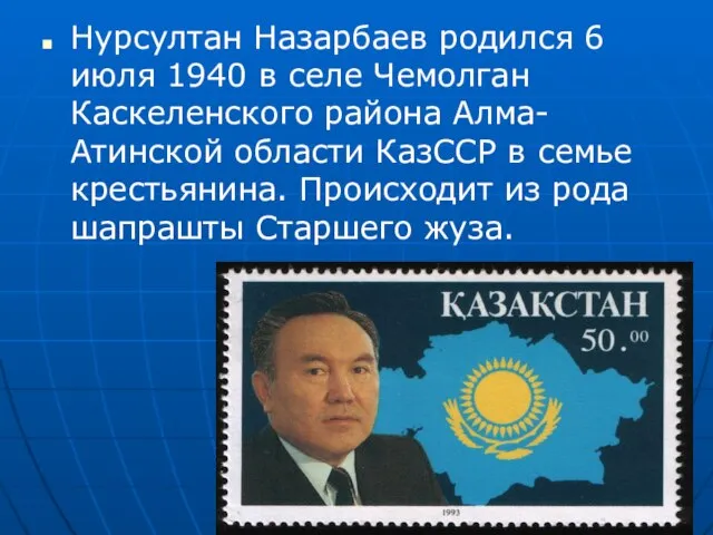 Нурсултан Назарбаев родился 6 июля 1940 в селе Чемолган Каскеленского района Алма-Атинской