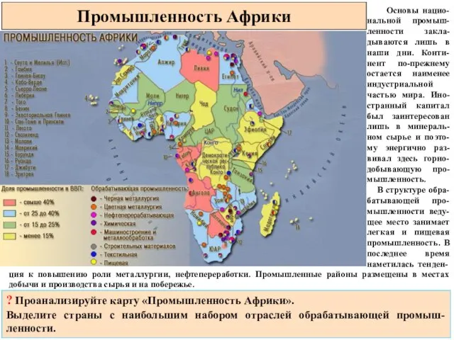 Промышленность Африки Основы нацио-нальной промыш-ленности закла-дываются лишь в наши дни. Конти-нент по-прежнему