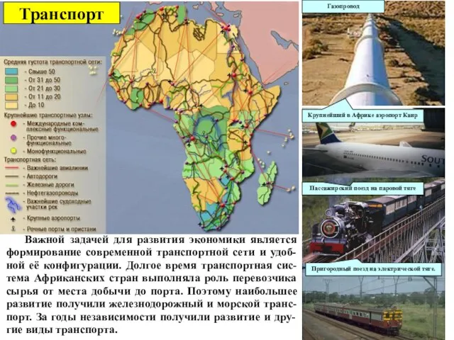 Транспорт Газопровод Пригородный поезд на электрической тяге. Крупнейший в Африке аэропорт Каир