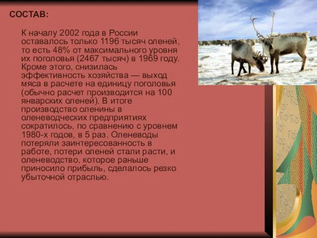 СОСТАВ: К началу 2002 года в России оставалось только 1196 тысяч оленей,