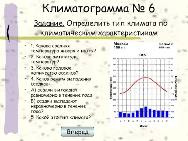 Климатограмма № 6 Задание. Определить тип климата по климатическим характеристикам 1. Какова