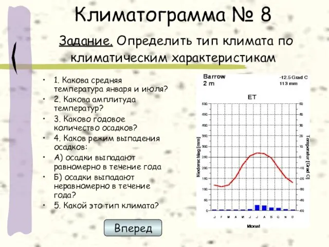 Климатограмма № 8 Задание. Определить тип климата по климатическим характеристикам 1. Какова