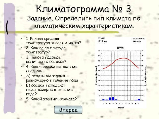 Климатограмма № 3 Задание. Определить тип климата по климатическим характеристикам. 1. Какова