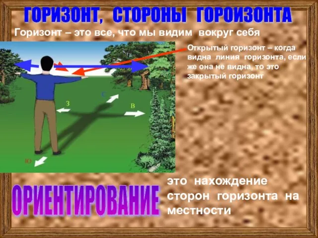 ГОРИЗОНТ, СТОРОНЫ ГОРОИЗОНТА Горизонт – это все, что мы видим вокруг себя