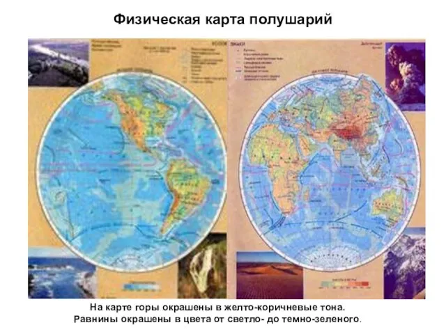 Физическая карта полушарий На карте горы окрашены в желто-коричневые тона. Равнины окрашены