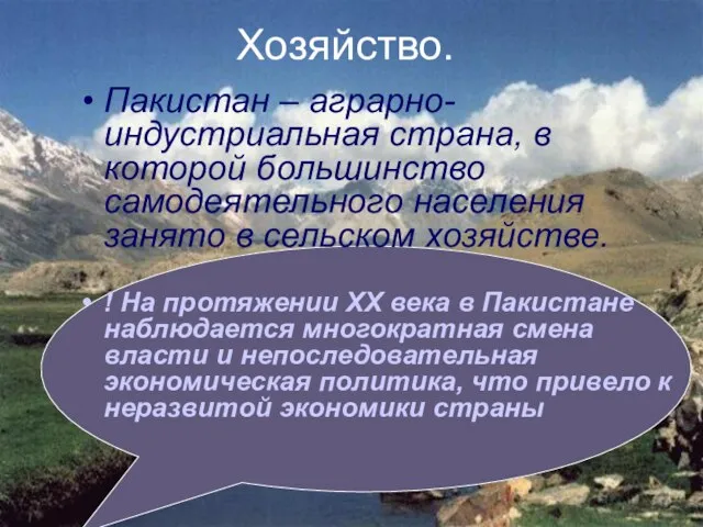 Хозяйство. Пакистан – аграрно-индустриальная страна, в которой большинство самодеятельного населения занято в